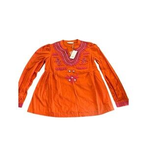 Tory Burch Tunic Top Womens Size 6 Orange Pink Embroidered Mirror Long